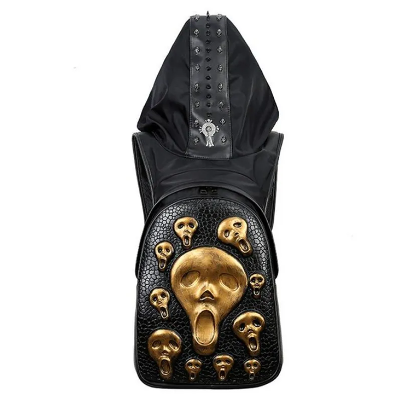 Кожаный рюкзак с 3d черепом модный персональный заклепками и капюшоном сумка для