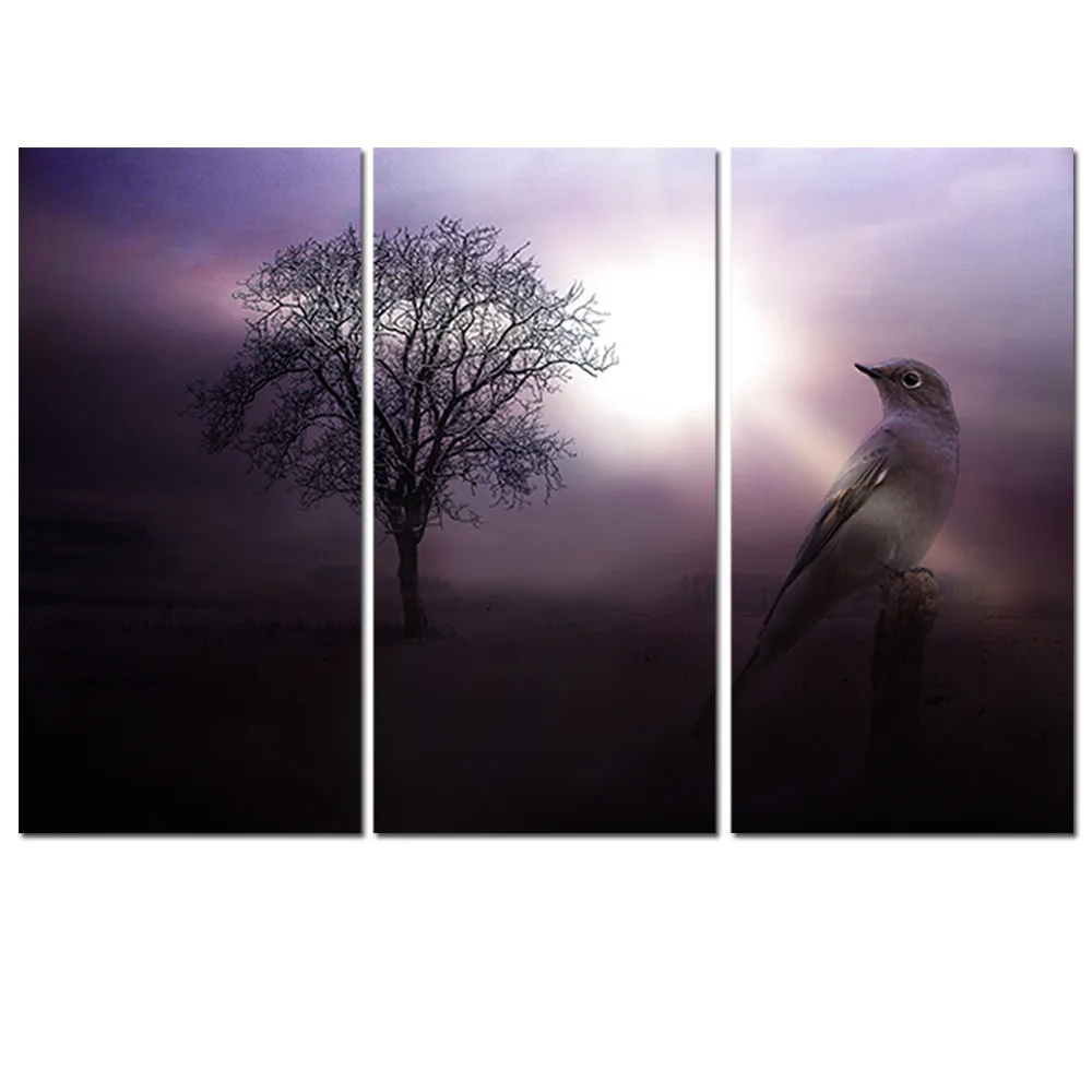 

New Frameless Oil Painting Sparrow and The Branches Landscape Home Decor Wall Art Purple Canvas Picture for Living Room 3 Pieces