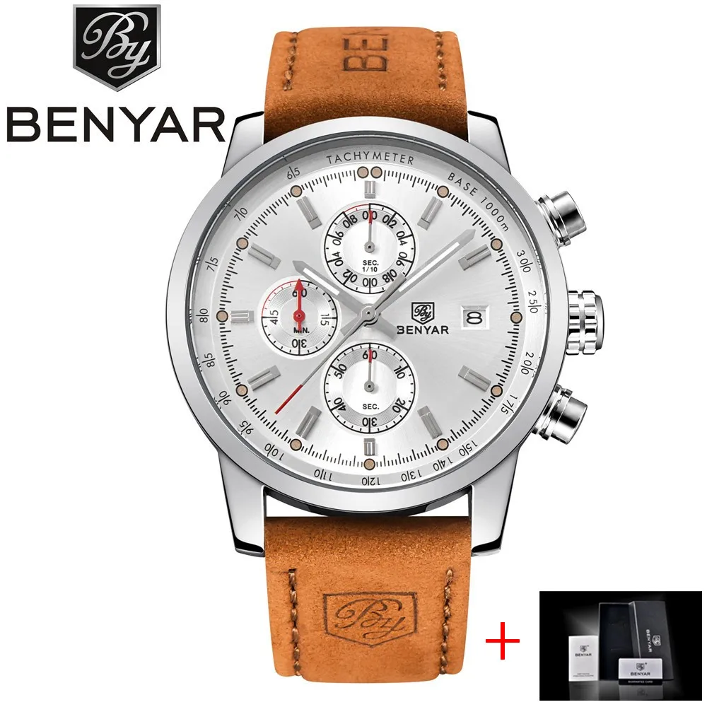 L silver white B Relojes Hombre, бнейар, кварцевые часы, мужские, брендовые, водонепроницаемые, с хронографом, спортивные, кожаные, военные, наручные часы, Relogio Masculino - Цвет: L silver white B