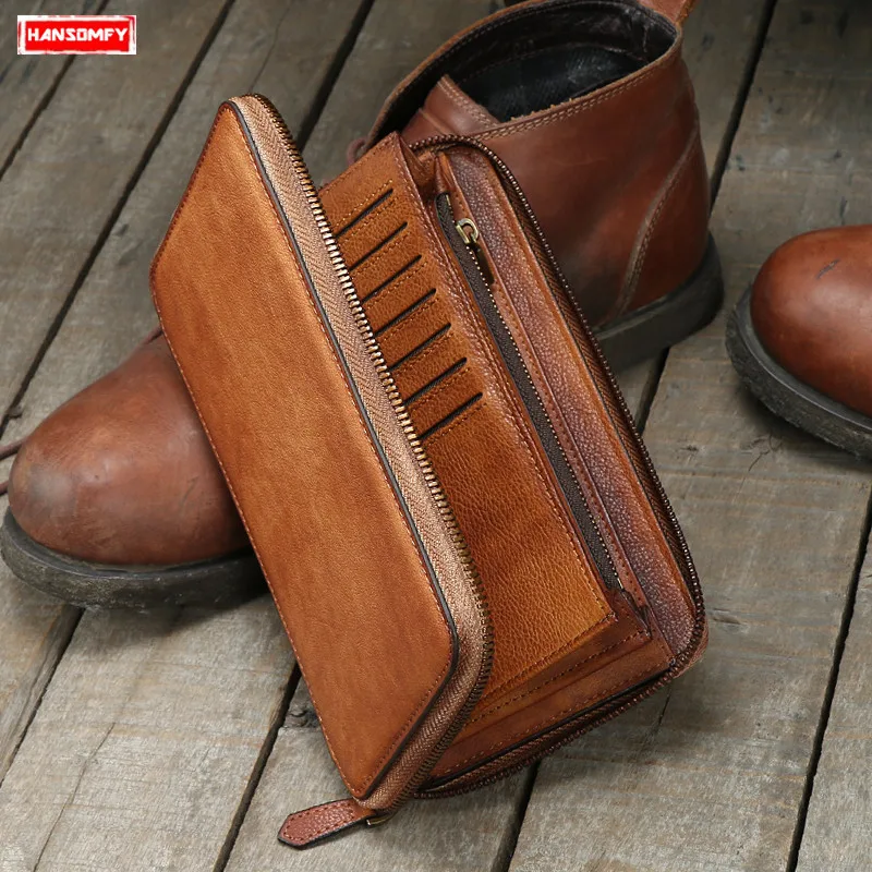 Мужской Длинный кошелек из натуральной кожи на молнии клатч ручной работы в
