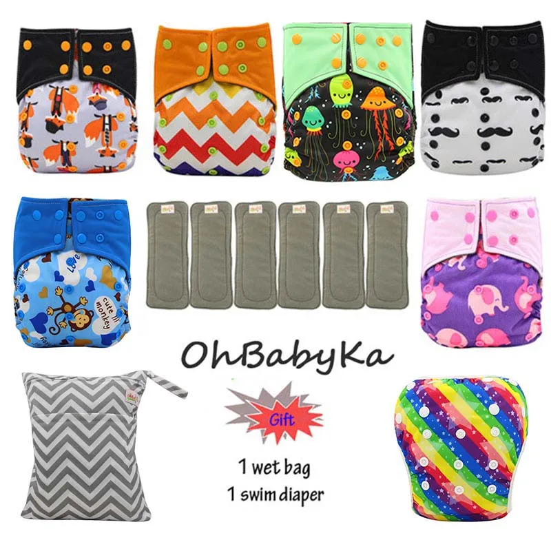 as photo Ohbabyka моющиеся детские подгузники пеленки бамбуковый уголь Многоразовые Все-в-два карман подгузник Регулируемый+ 6 шт. бамбуковая вставка детские подгузники - Цвет: as photo
