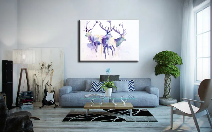 100% ручная роспись акварель абстрактные три головы оленя масляная живопись