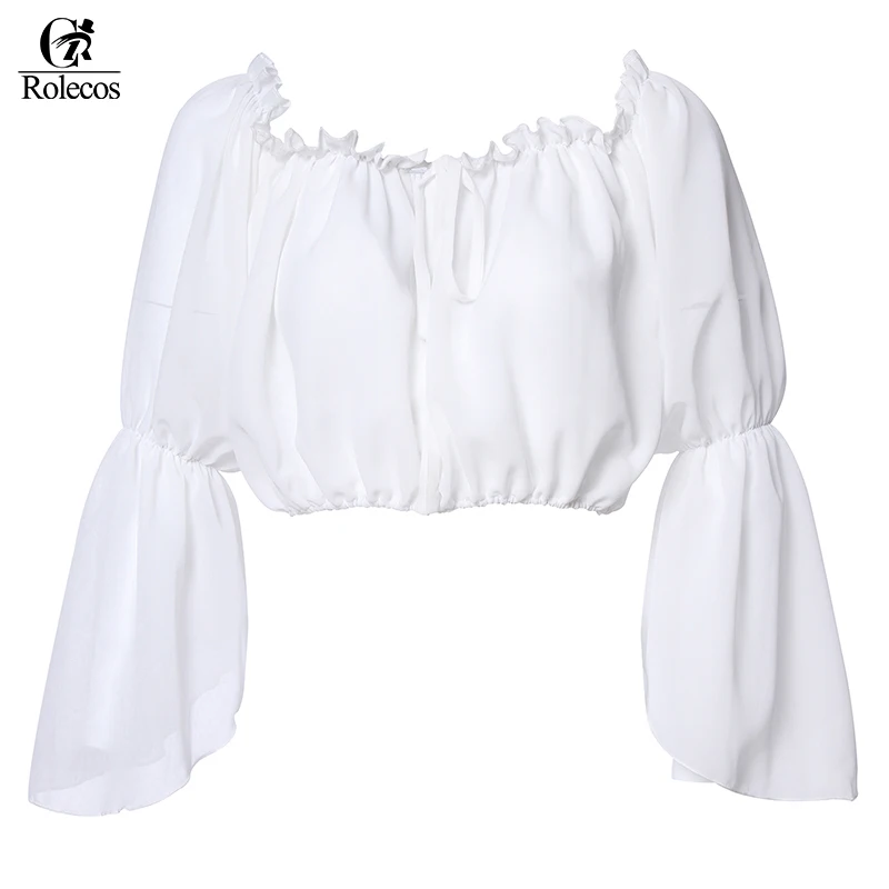 Rolecos брендовая летняя шифоновая блузка с открытыми плечами Женская Ретро