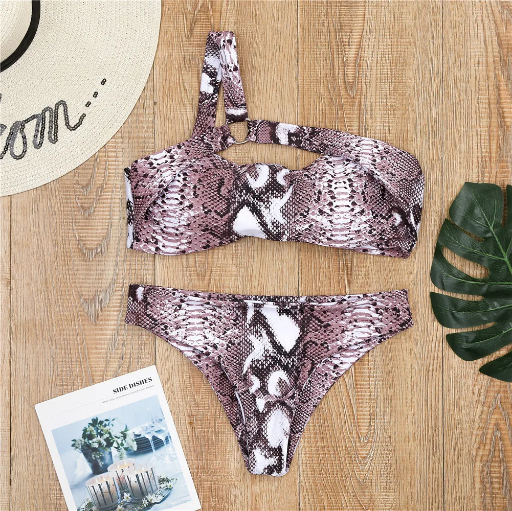 Комплект бикини на одно плечо Леопардовый купальник женский красный синий