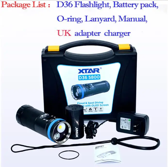 UK Set XTAR D36 фонарик для дайвинга комплект OLED экран CREE XHP70.2 XHP35 HI max 5800 люмен подводный 215 м фонарь для дайвинга с зарядным устройством - Испускаемый цвет: UK Set