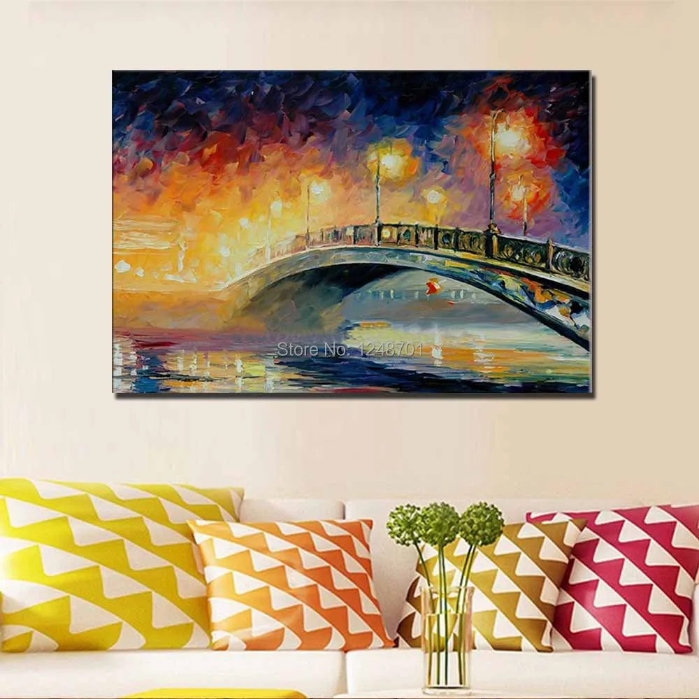 

Hand Painted Abstract Palette Knife Impasto Bridge Night Lamp Landscape Oil Painting Bridge Canvas Wall Picture Home Wall Decor