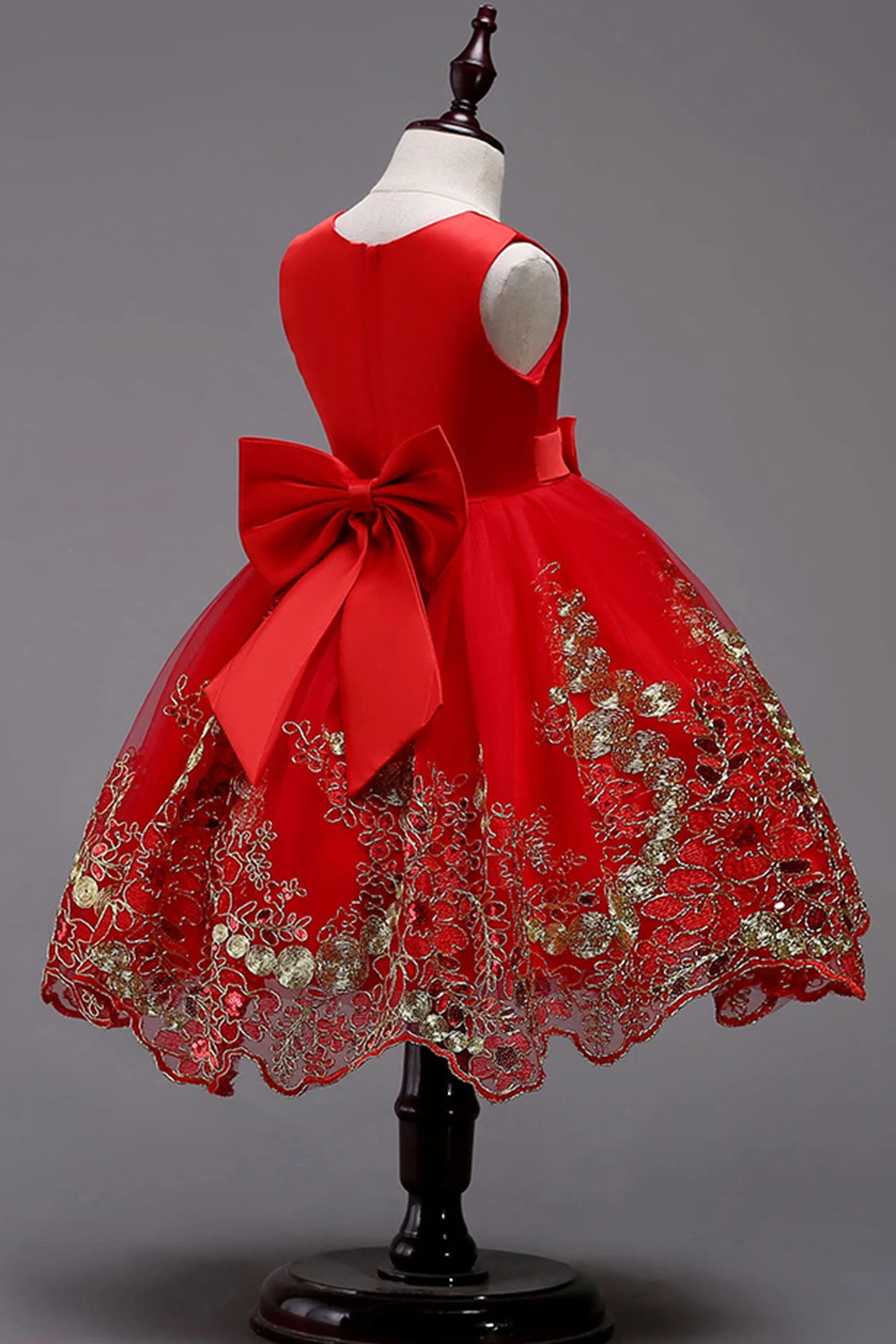 

3-12Y Red Knee Length Flower Girl Dresses Gold Red Applique Ball Gown Girl Pageant Dress Wedding Cocktail Party Evening Dress