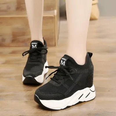 Г., женская обувь на высокой платформе Новая Осенняя дышащая женская повседневная обувь, увеличивающая рост весенние женские кроссовки на толстой подошве 11 см - Цвет: Черный