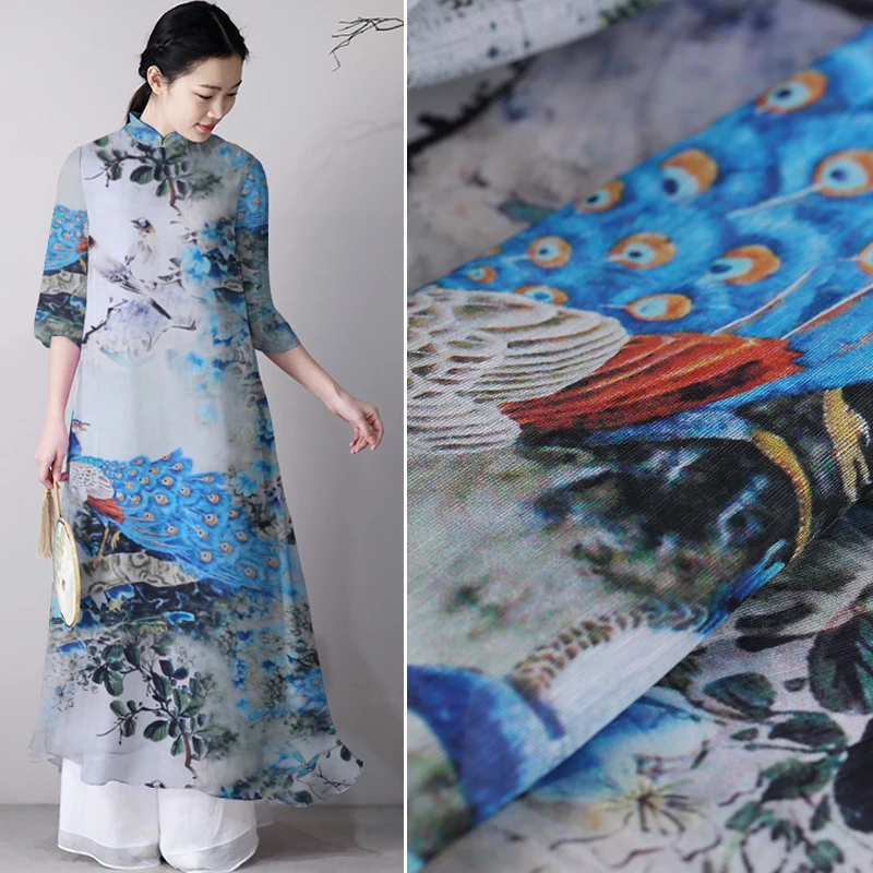 Павлин цифровая струйная шелковая льняная ткань платье cheongsam натуральная
