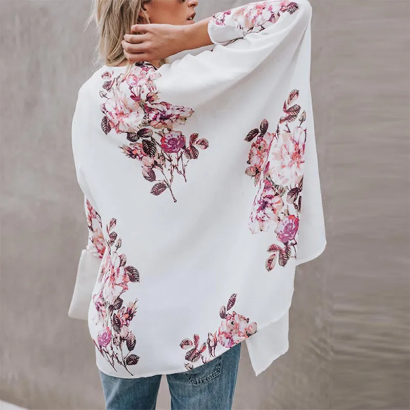Женская блузка длинная свободная с длинным рукавом из шифона цветочным принтом