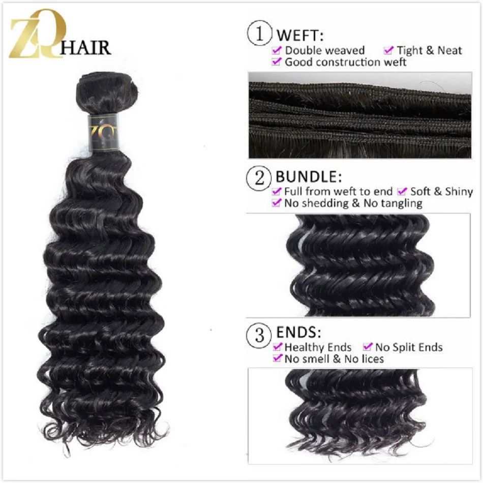 ZQ волосы глубокие волны пучки с закрытием человеческих волос индийские 3 4 не