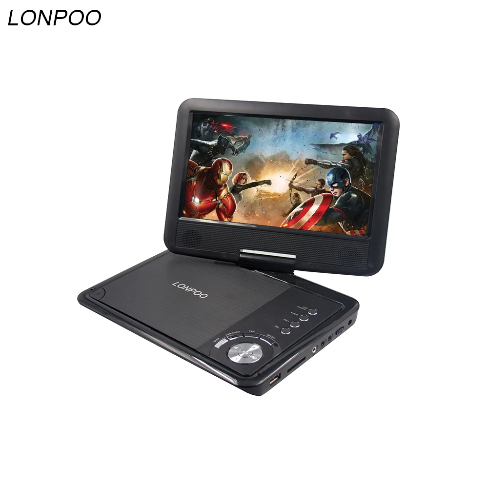 LONPOO Портативный 9 дюймов DVD плеер поворотный Экран автомобильное зарядное устройство USB SD карты наушники ТВ FM Перезаряжаемые/VCD/компакт-дисков MP3 DVD плеер