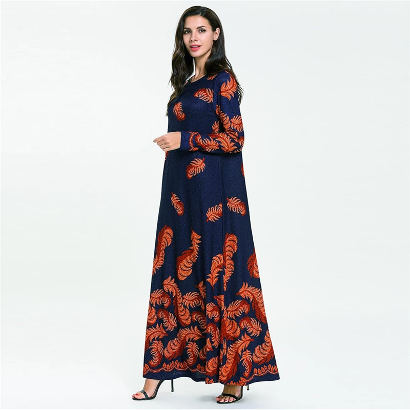 1PC Muslim Women's Dress Long-sleeved Fashion Print O-Neck England Style Middle Eastern Long Dropship Apr | Тематическая одежда