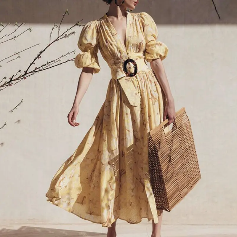 Для женщин желтый Новая мода Женщины Винтаж платье с цветочным рисунком