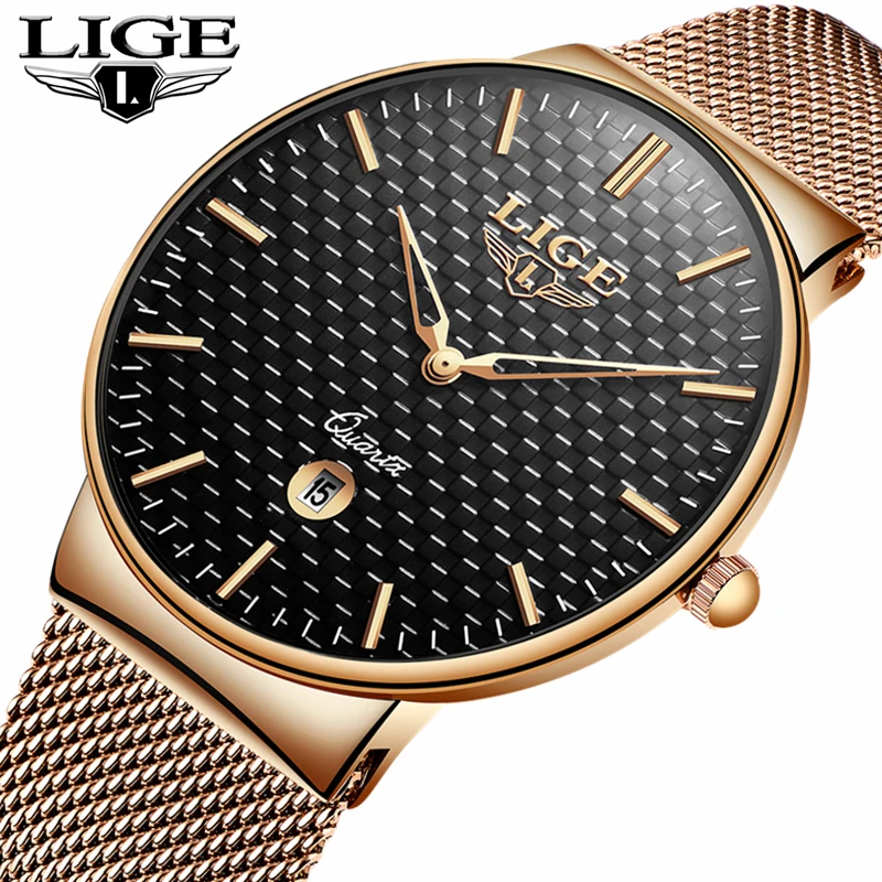 Часы наручные LIGE Мужские кварцевые ультратонкие модные брендовые Роскошные