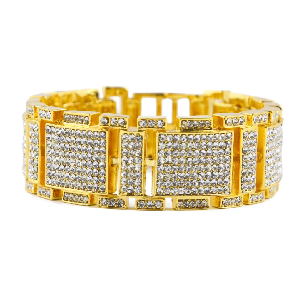 Золотой цвет, хип-хоп, со льдом, bling, ширина 2,5 см, длина 21,5 см, звеньевая цепочка, браслет для мужчин, браслеты, Прямая поставка