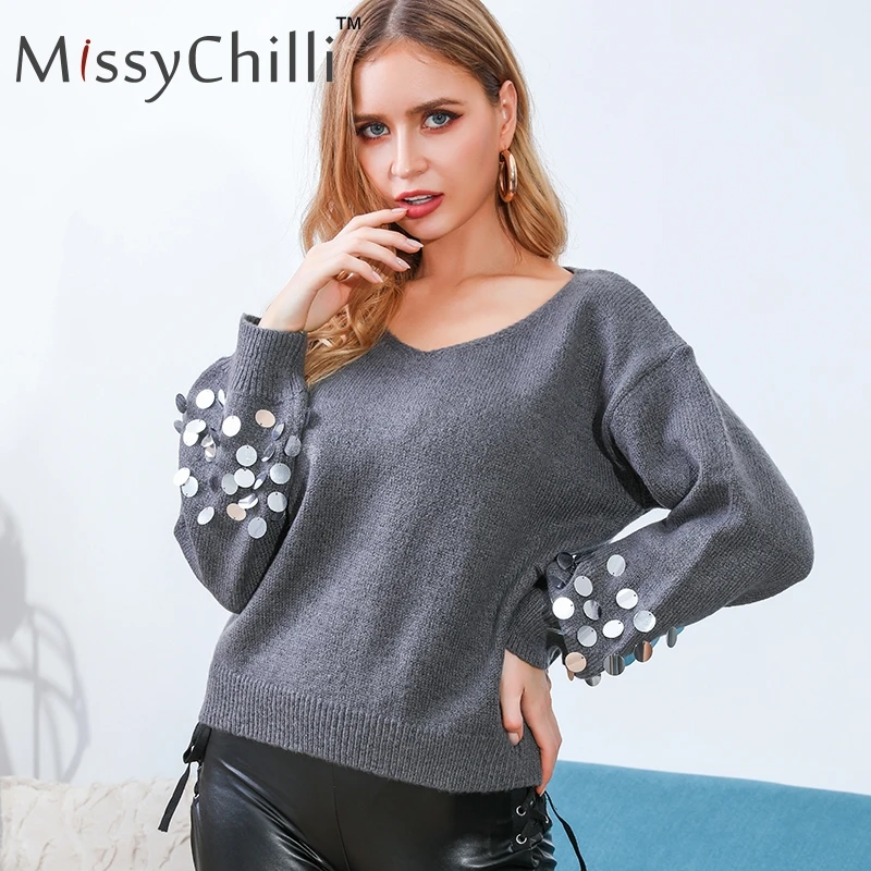Женский вязаный джемпер MissyChilli серый с длинными рукавами и пайетками на осень