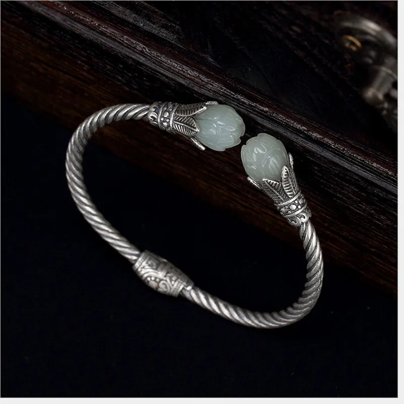 Женский винтажный браслет из серебра 100% пробы с цветами|Гибкие и жесткие