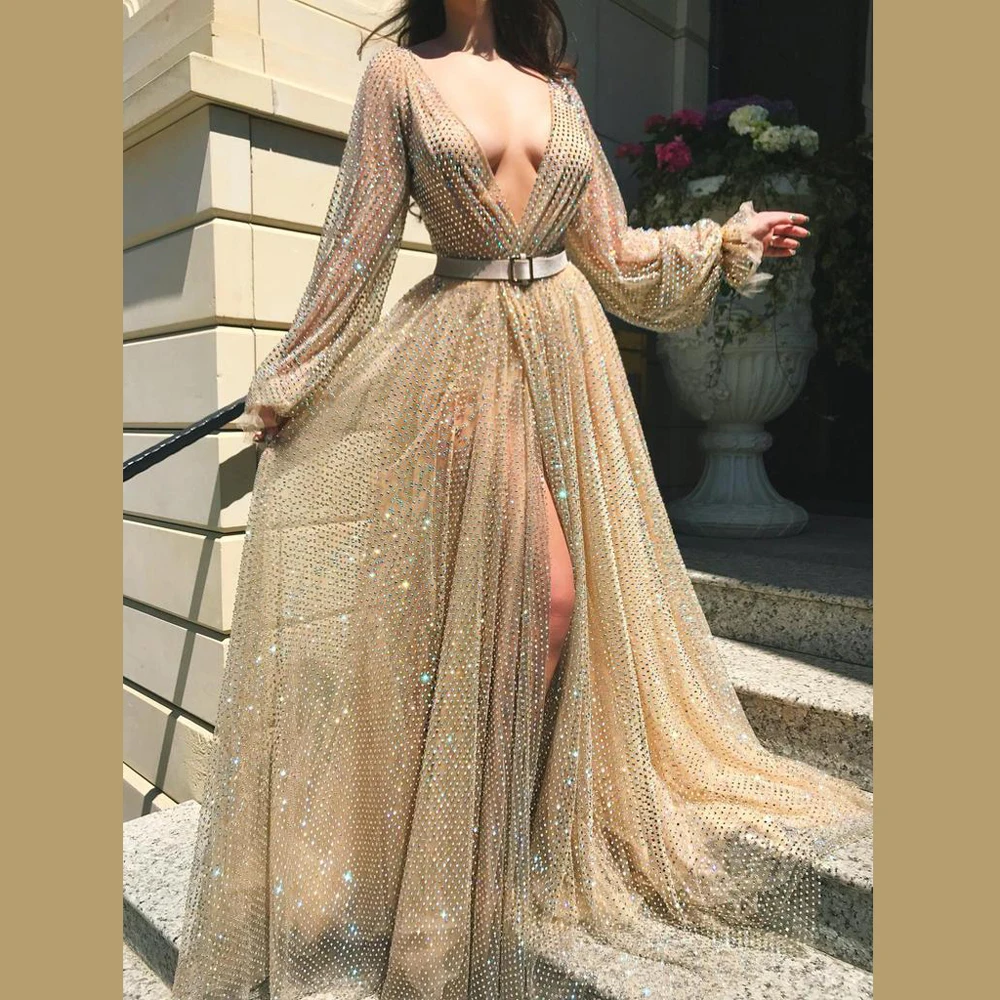 

New Fashion Champagne Celebrity Dresses Long Sleeve Deep V-Neck Runaway Red Carpet Dress With Sash And Beads High Split