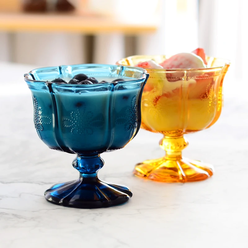 250ML Embossed Pattern Engraving Retro Chinese Knot High Glass Ice Cream Cup Fruit Salad Bowl Dessert Cold Drink Juice | Дом и сад