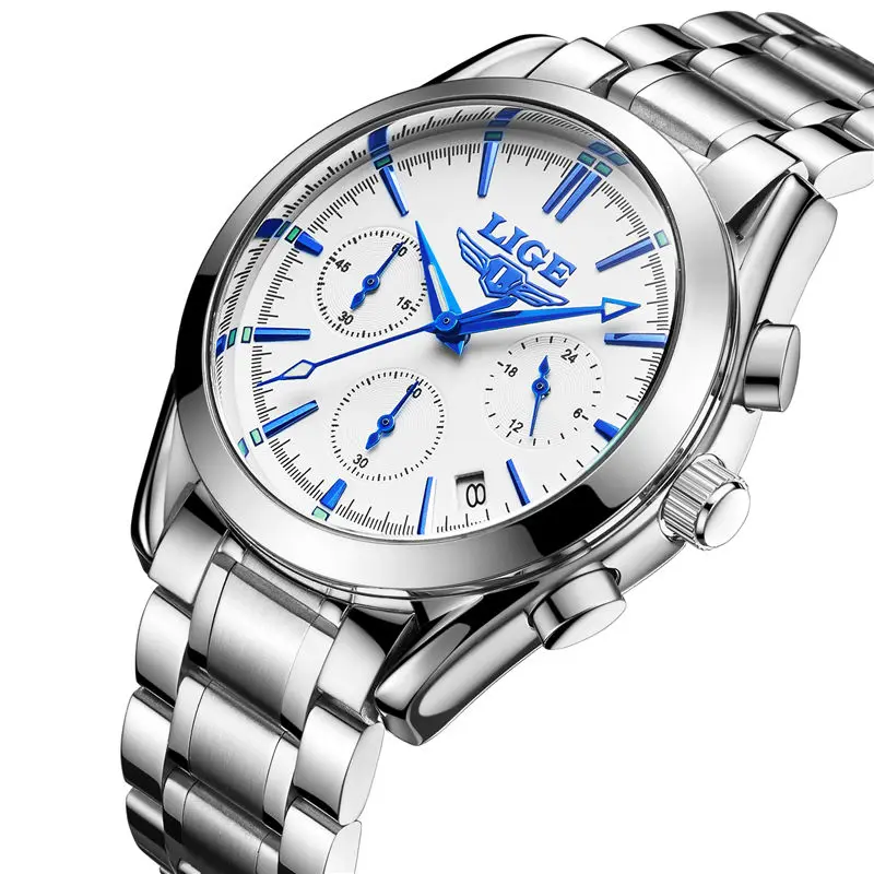 Silver White LIGE мужские s часы лучший бренд класса люкс полный стальной часы спортивные кварцевые часы мужские повседневные деловые водонепроницаемые часы Relogio Masculino - Цвет: Silver White