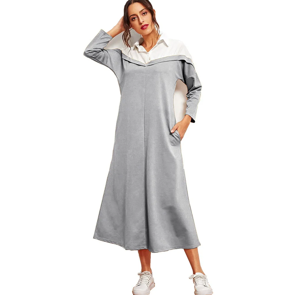 Модное мусульманское платье женское с отворотом длинным рукавом для Среднего