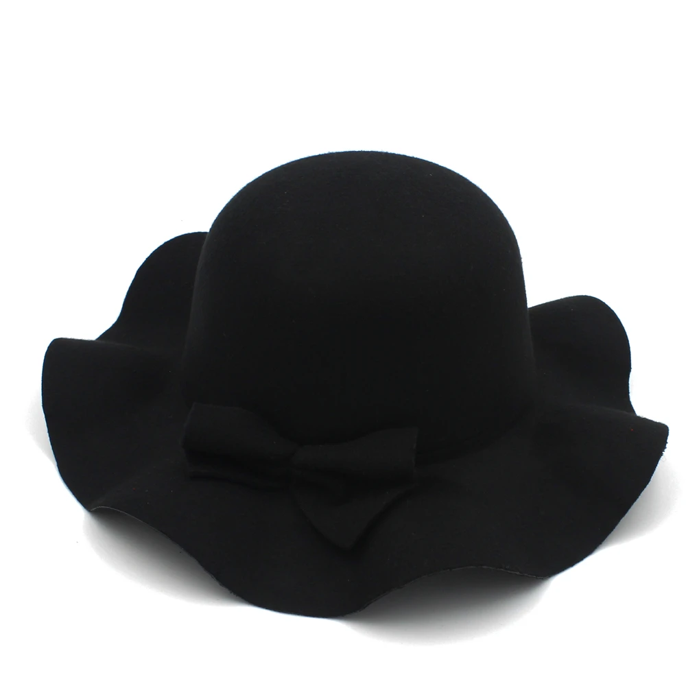 Мода Шерсть Зима Осень Дети Мягкие широкие поля Fedora шляпа для девочки Feminino фетровый котелок шляпа от солнца флоппи дети большой шляпа