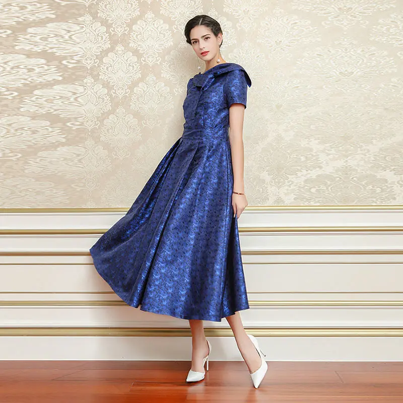 VOA летние темно-синего цвета элегантное Винтаж шелковые жаккардовые вечерние