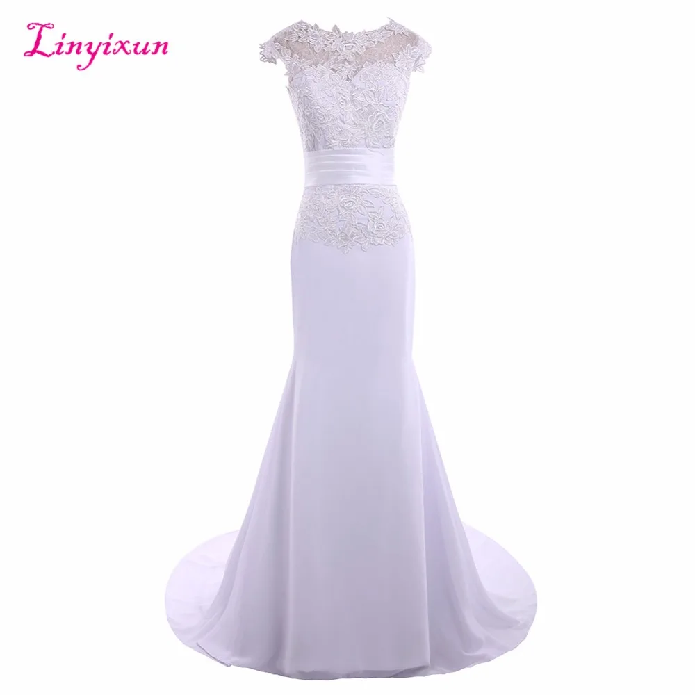 Linyixun настоящая Фотография Свадебные платья русалки 2017 с аппликацией кружева