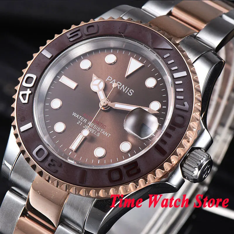 

41mm Parnis Miyota 21jewels 5ATM Automatic men's watch Rose gold plated sapphire glass brown dial luminous ceramic bezel 981