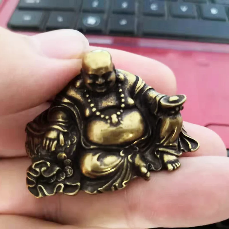 Fengshui портативная винтажная латунная статуя Будды Maitreya карманная сидячая