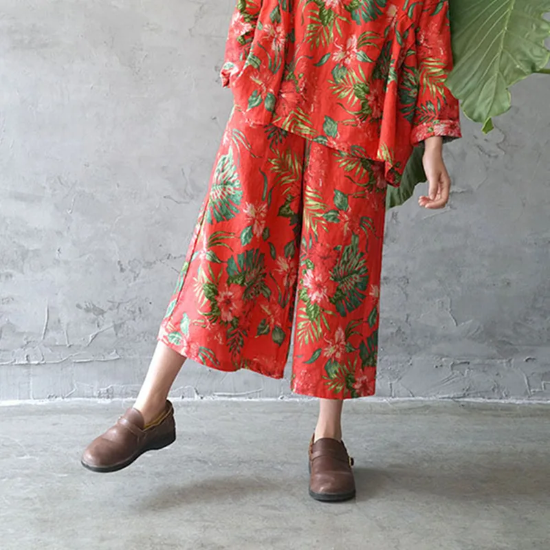Johnature National Style Women Print Pants New Vintage Loose Fashion 2021 Spring Elastic Waist Linen Straight Calf-Length | Женская