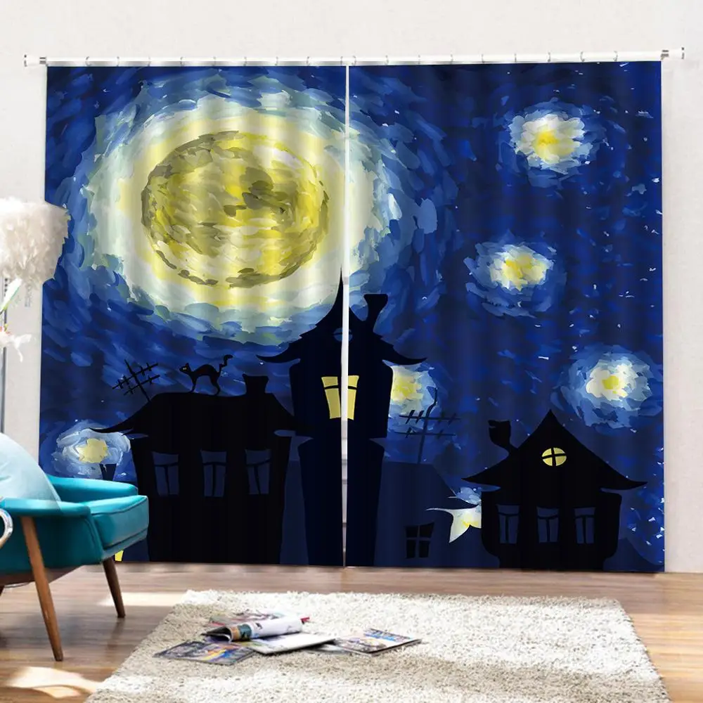 

Blue curtains painting curtain Luxury Blackout 3D Curtains Living Room Bedroom Drapes Cortinas Customized size
