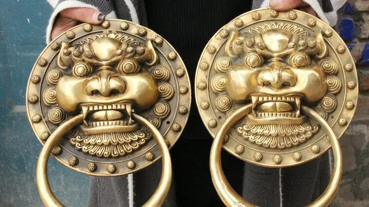 21cm China Brass Dragon Fu Foo Dog Guardion Lion Head Mask Door Knocker Statue Pair | Statues &amp Sculptures