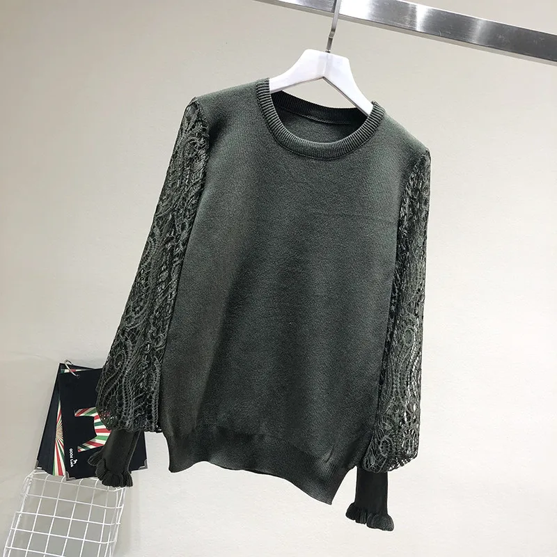 LUOSHA Women Autumn Winter Knitted Pullovers And Sweater Hollow Out Lace Sleeve Patchwork Female Pull Femme | Женская одежда