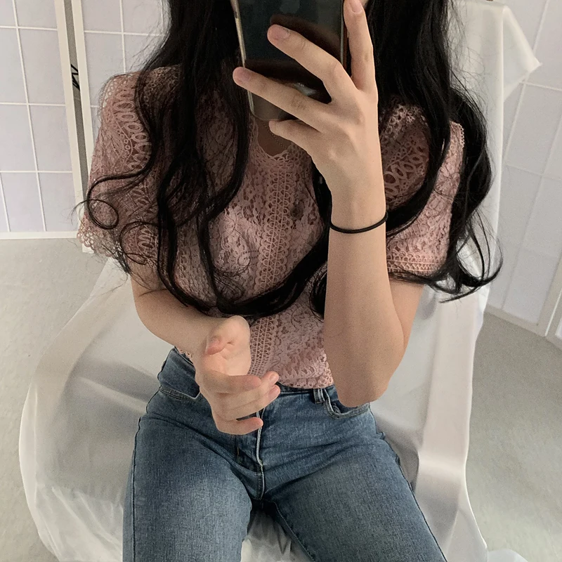 RUGOD, однотонные, открытые, в Корейском стиле, тонкие топы,, новая футболка для женщин, Modis, кружевные, Camisetas Verano Mujer, летний топ ручной работы