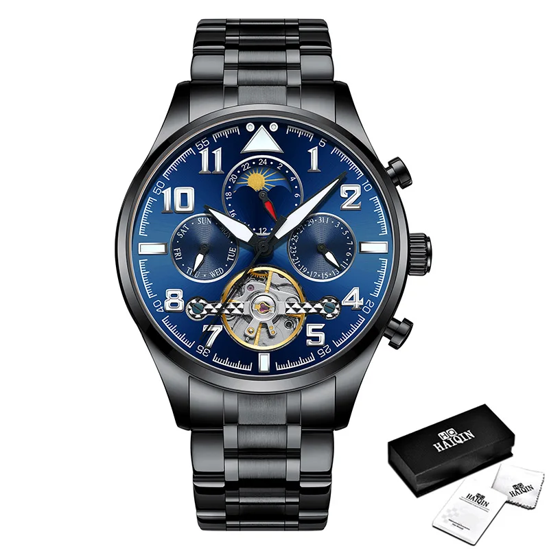 Steel Black Blue HAIQIN мужские часы Механические Турбийон роскошные модные брендовые кожаные мужские спортивные часы мужские автоматические часы Relogio Masculino - Цвет: Steel Black Blue