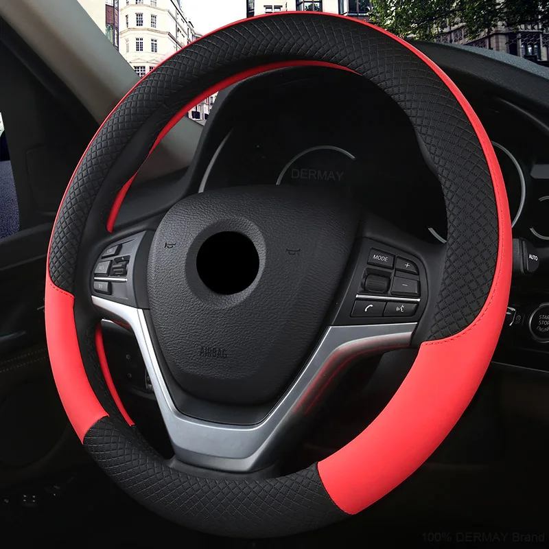 Красный DERMAY кожаный Универсальный автомобильный чехол на руль 38 см, автомобильный Стайлинг, спортивный авто чехол на руль, противоскользящий - Название цвета: Красный