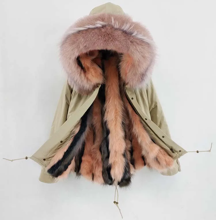 short fox rabbit OFTBUY, пальто с натуральным мехом, зимняя куртка, Женская длинная парка, воротник из натурального меха енота, натуральный Лисий мех, бежевый, роскошная уличная одежда, теплая - Цвет: short fox rabbit