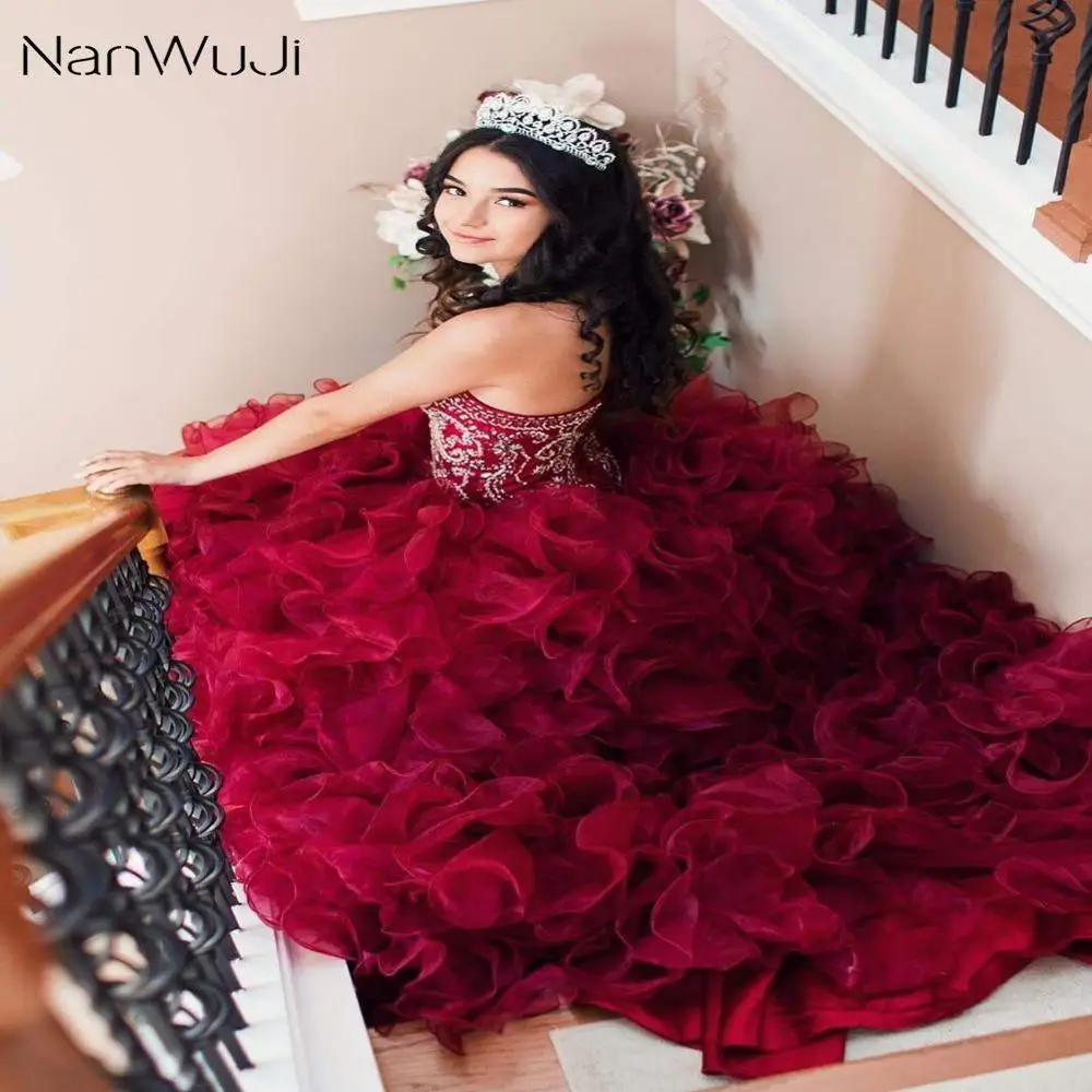 Новые дешевые хрустальные бусины бордовые платья Quinceanera 2019 Бал маскарад оборками