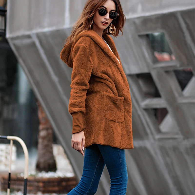 Женские шубы из искусственного меха уличная Элегантная с капюшоном карманы