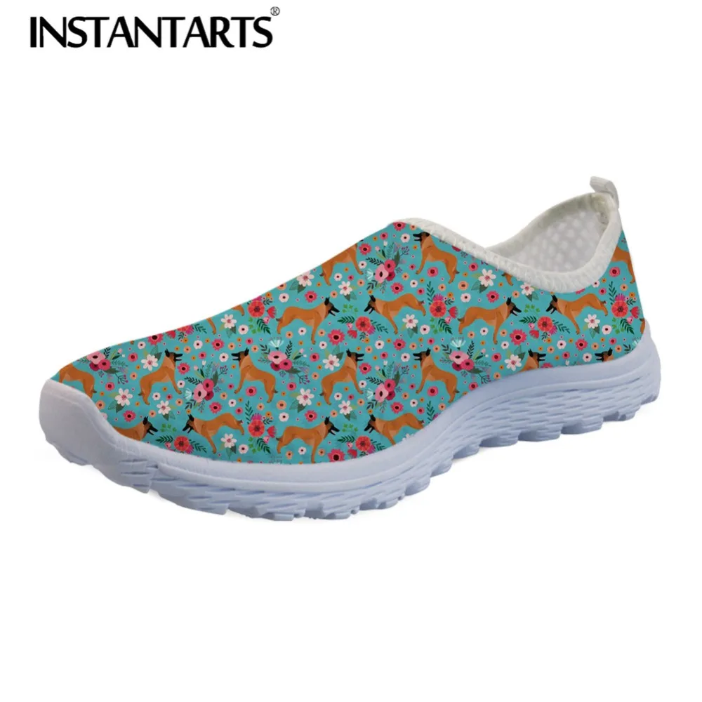 

INSTANTARTS Women Summer Casual Shoes Breathable Mesh Flats Shoes Cute Belgian Malinois Flower Dog Print Female Sneakers Zapatos
