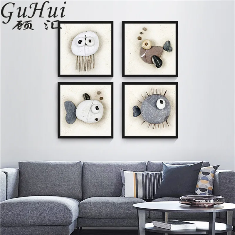 Мультфильм булыжник Картина на холсте с изображением рыб камень небольшой