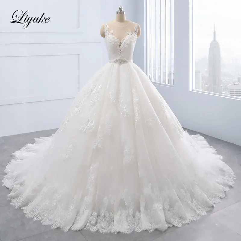 Liyuke Vestido De Noiva элегантные мусульманские свадебные платья с длинным рукавом и круглым вырезом, фатиновые кружевные исламские Свадебные платья на молнии сзади