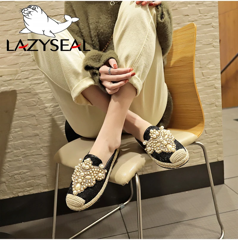 LazySeal/ г., весенние шлепанцы без задника; женская обувь; лоферы с жемчугом; обувь на плоской подошве; женские мокасины без задника, Украшенные бусинами