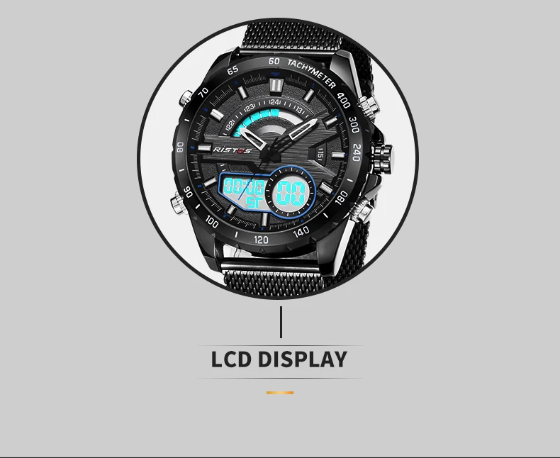 RISTOS модные часы Relojes Masculino Hombre, многофункциональные мужские спортивные часы со стальным плетением, цифровые наручные часы с хронографом для мужчин 9361