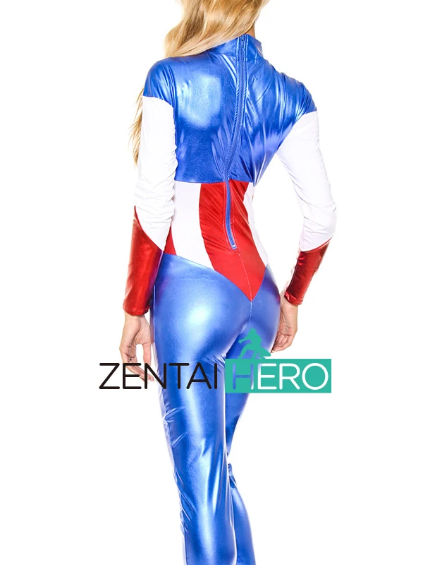 ZentaiHero новые боди Женский костюм Капитана Америки блестящие металлические