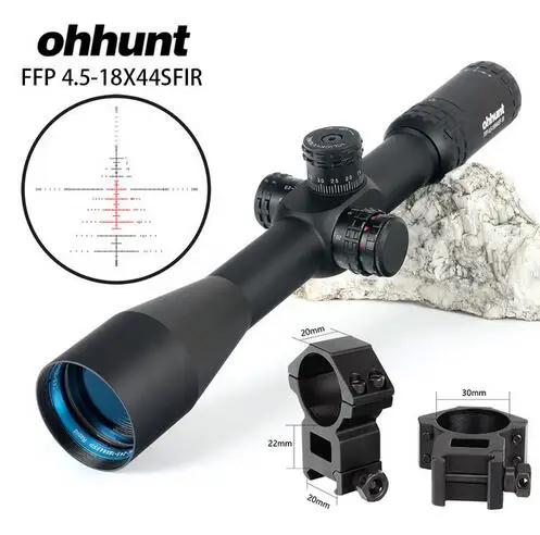 with Pictinny Rings Ohhunt FFP 4,5-18X44 SFIR первый фокальный самолет охотничий оптический прицел боковой Параллакс R/G СТЕКЛО гравированное сетка замок сброс область - Цвет: with Pictinny Rings