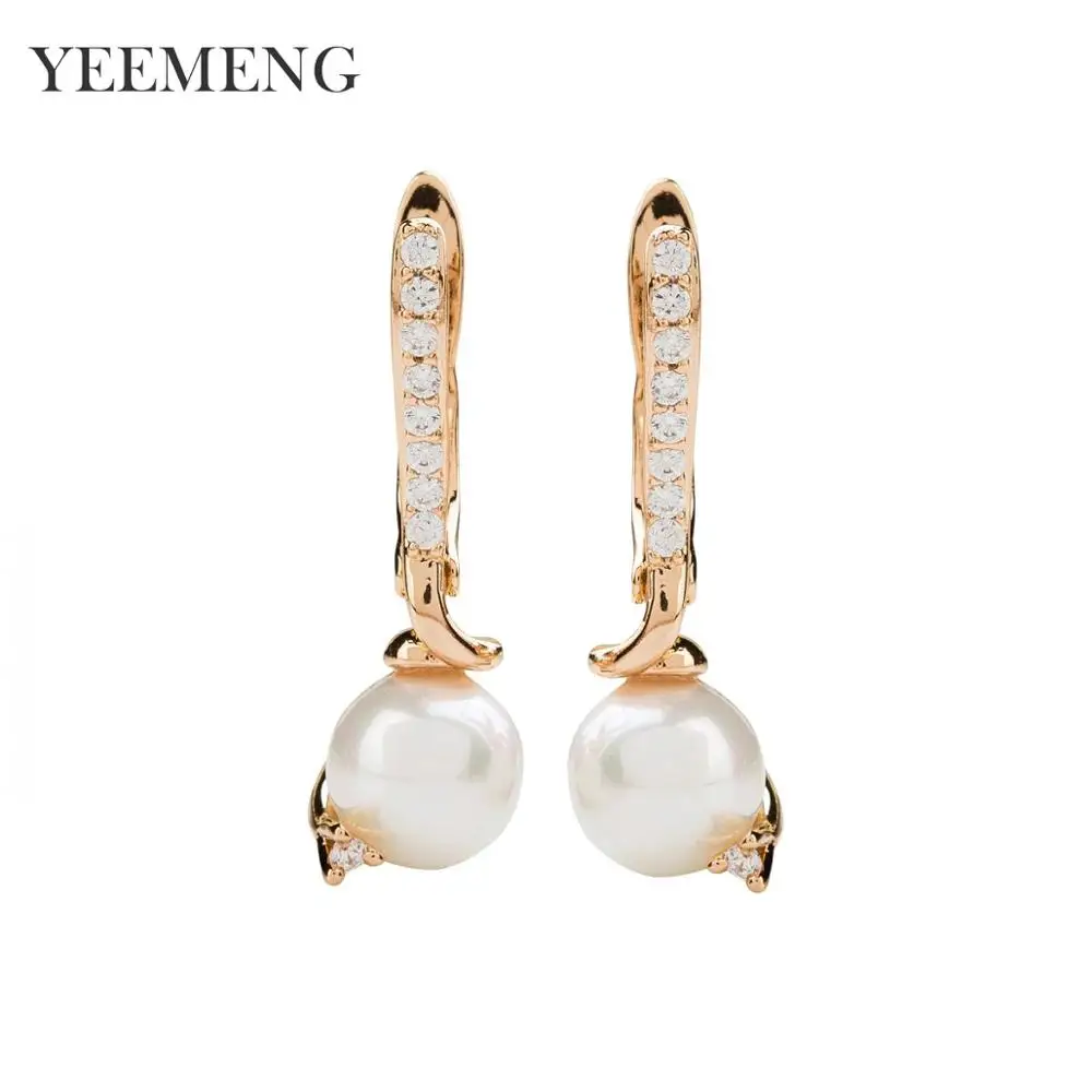 18K Gold Color YEEMENG модные серьги, кубический цирконий и круглый белый искусственный жемчуг, висячие серьги, ювелирные изделия для женщин, элегантный стиль Da - Окраска металла: 18K Gold Color
