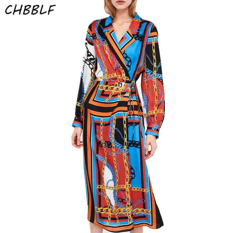 CHBBLF для женщин chic цепи узор обёрточная бумага платье галстук бабочка ремень с